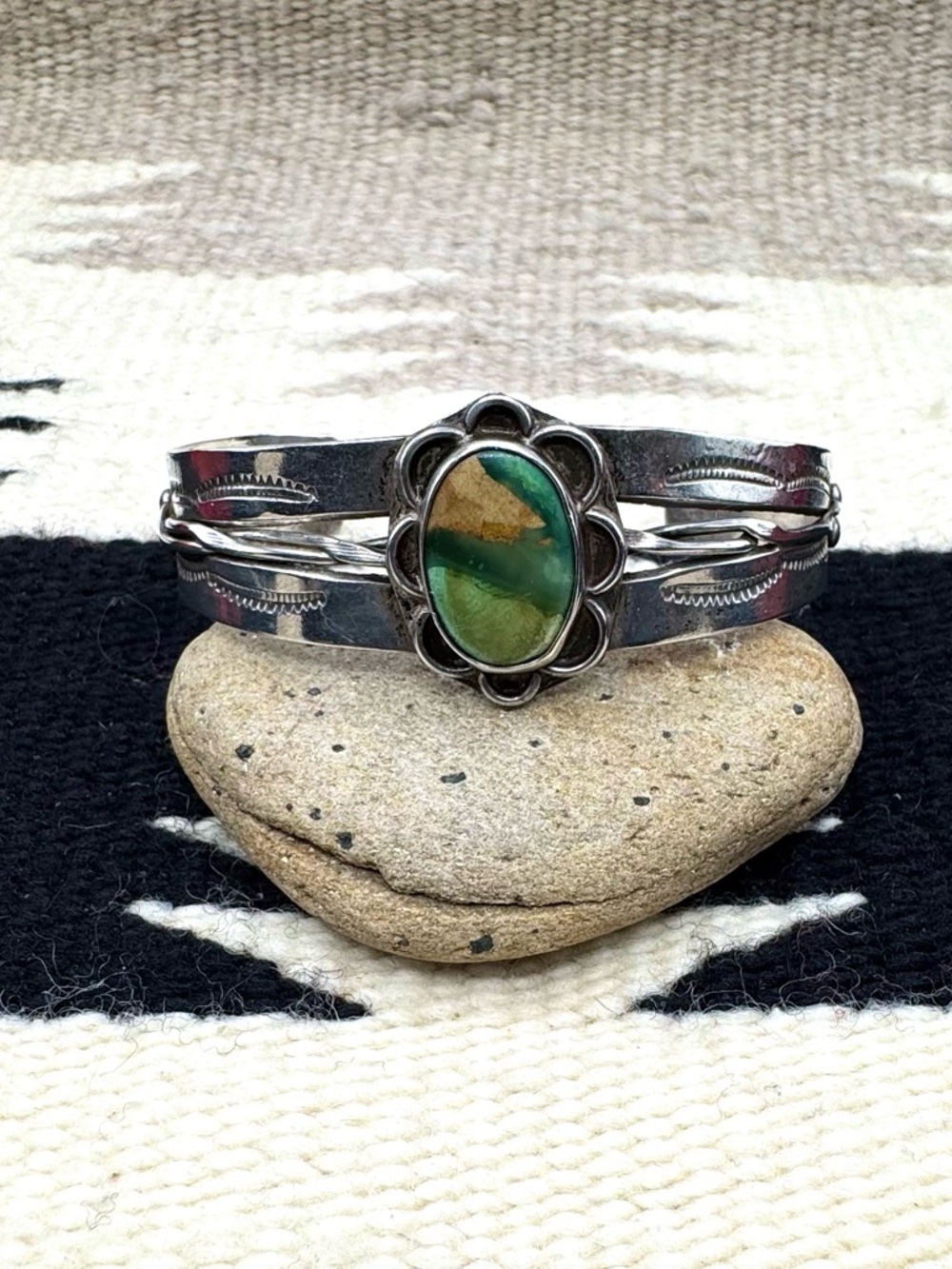 Navajo Fred Harvey Style Sterling Silver Damele Turquoise Cuff Bracelet 6.75"